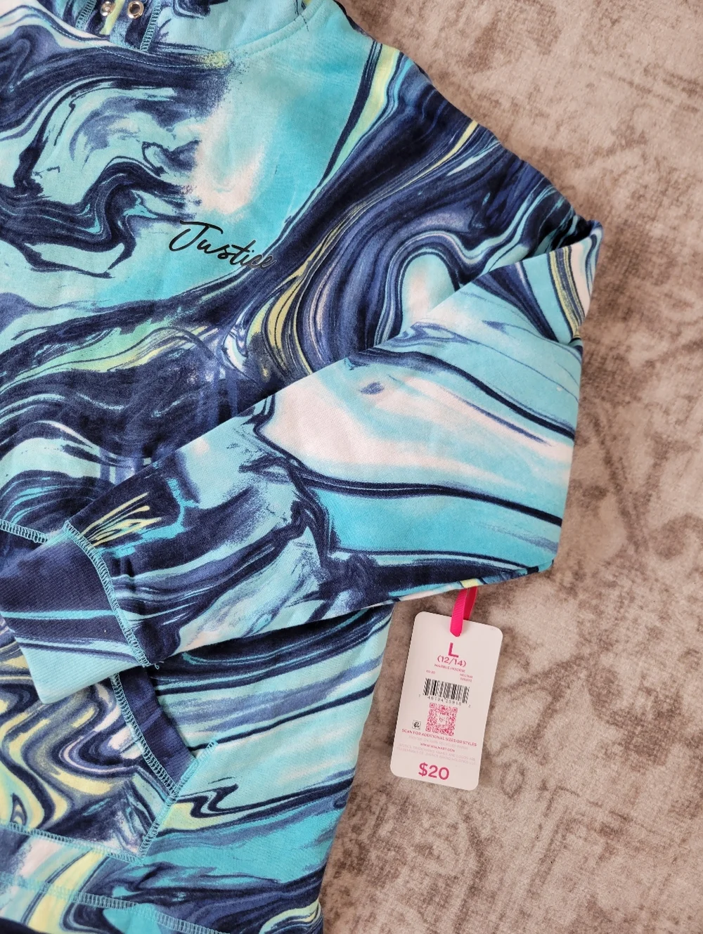 NWT Justice Girls L Blue Marble Swirl Hoodie Sweatshirt Cozy Pullover